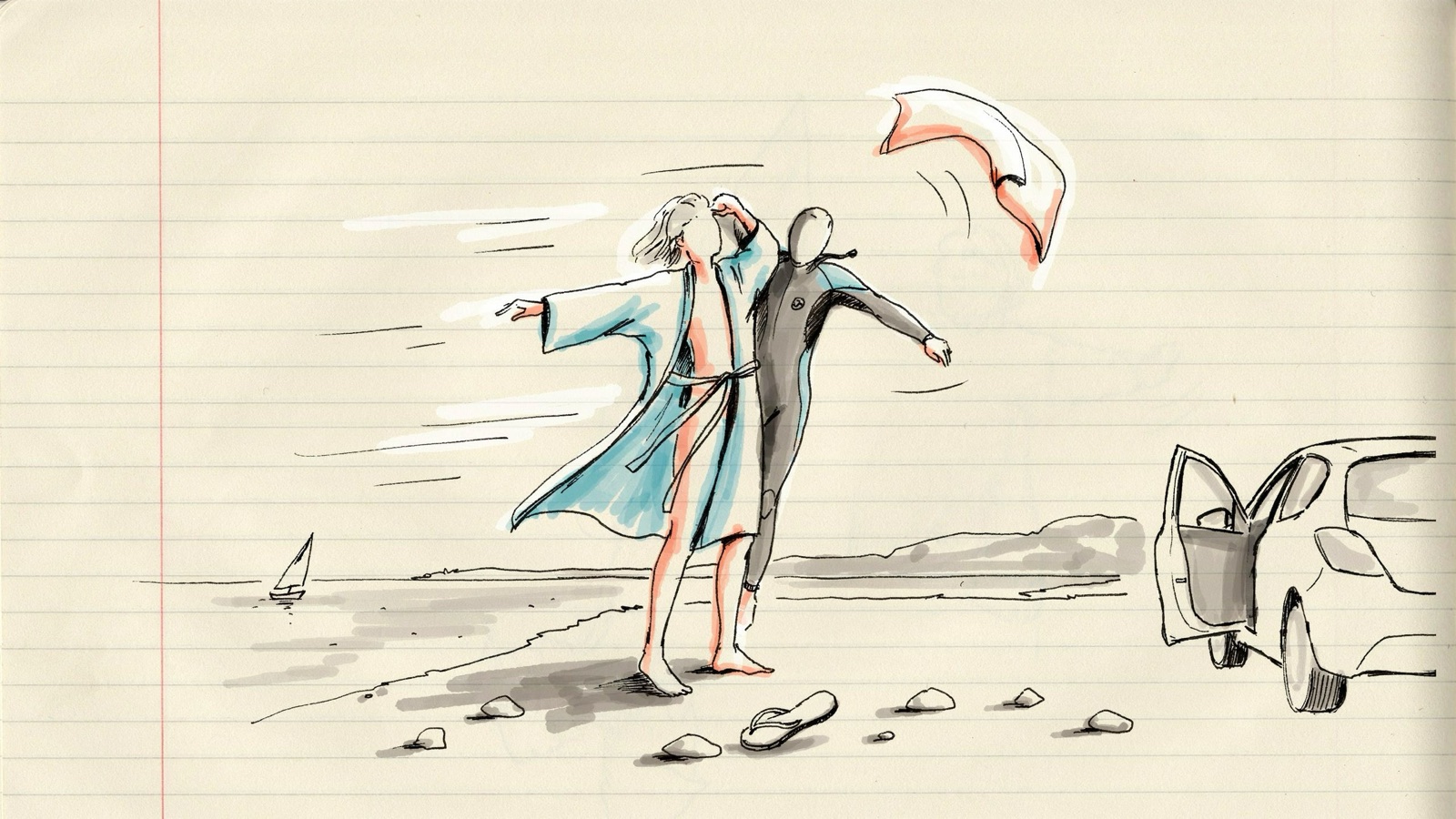 Hand-drawn notebook sketch of a changing robe in a windy lakeside car park, a wetsuit half off, and a towel failing in the wind, no brand marks