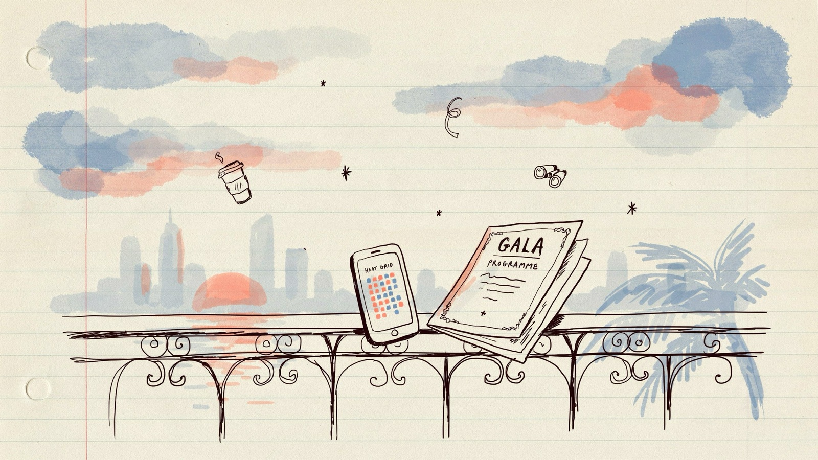 Hand-drawn notebook sketch of a phone heat sheet beside a paper gala programme, no brand logos