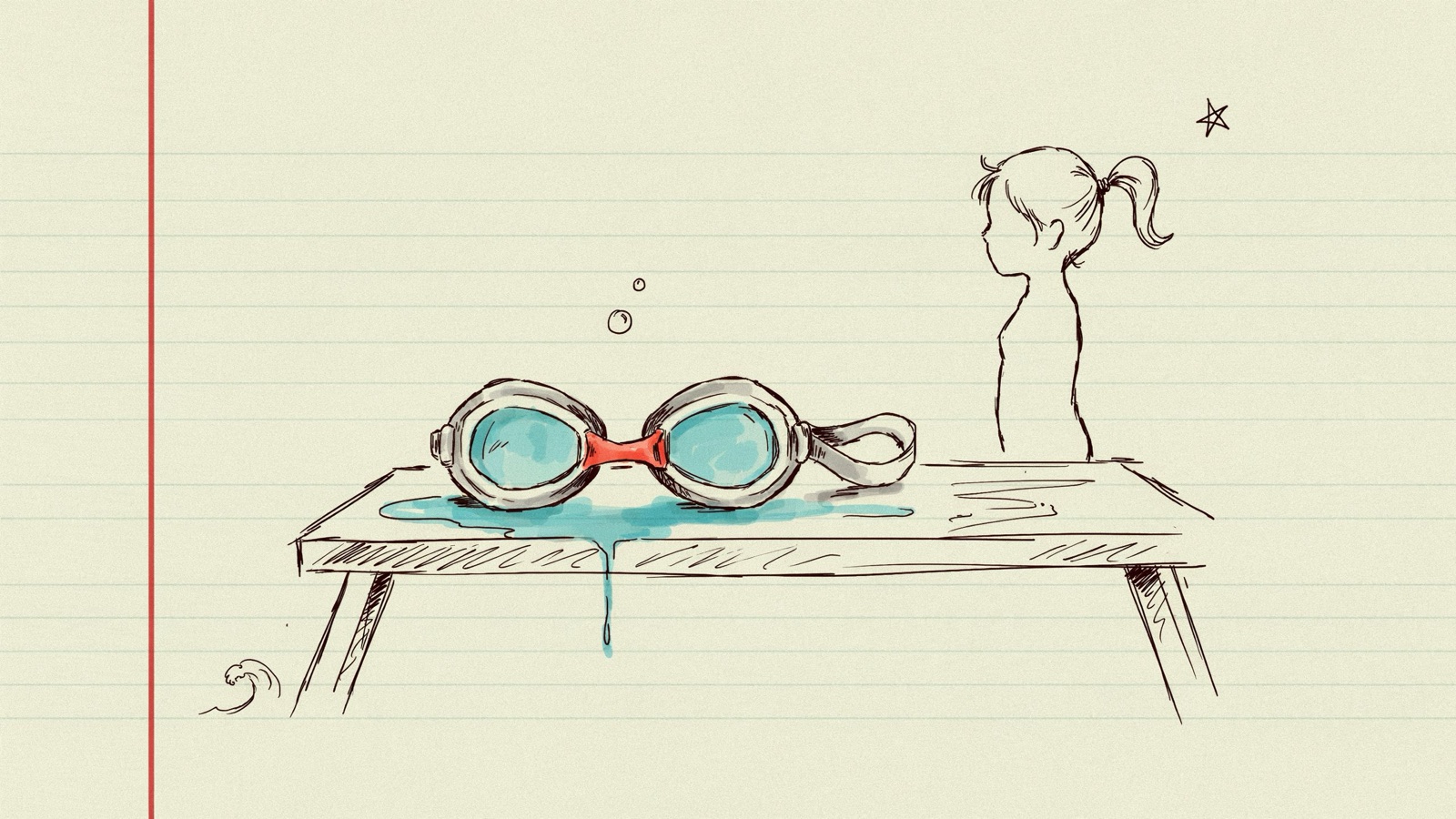 Hand-drawn notebook sketch of kids swim goggles on a poolside bench, strap clear of a ponytail, no brand logos