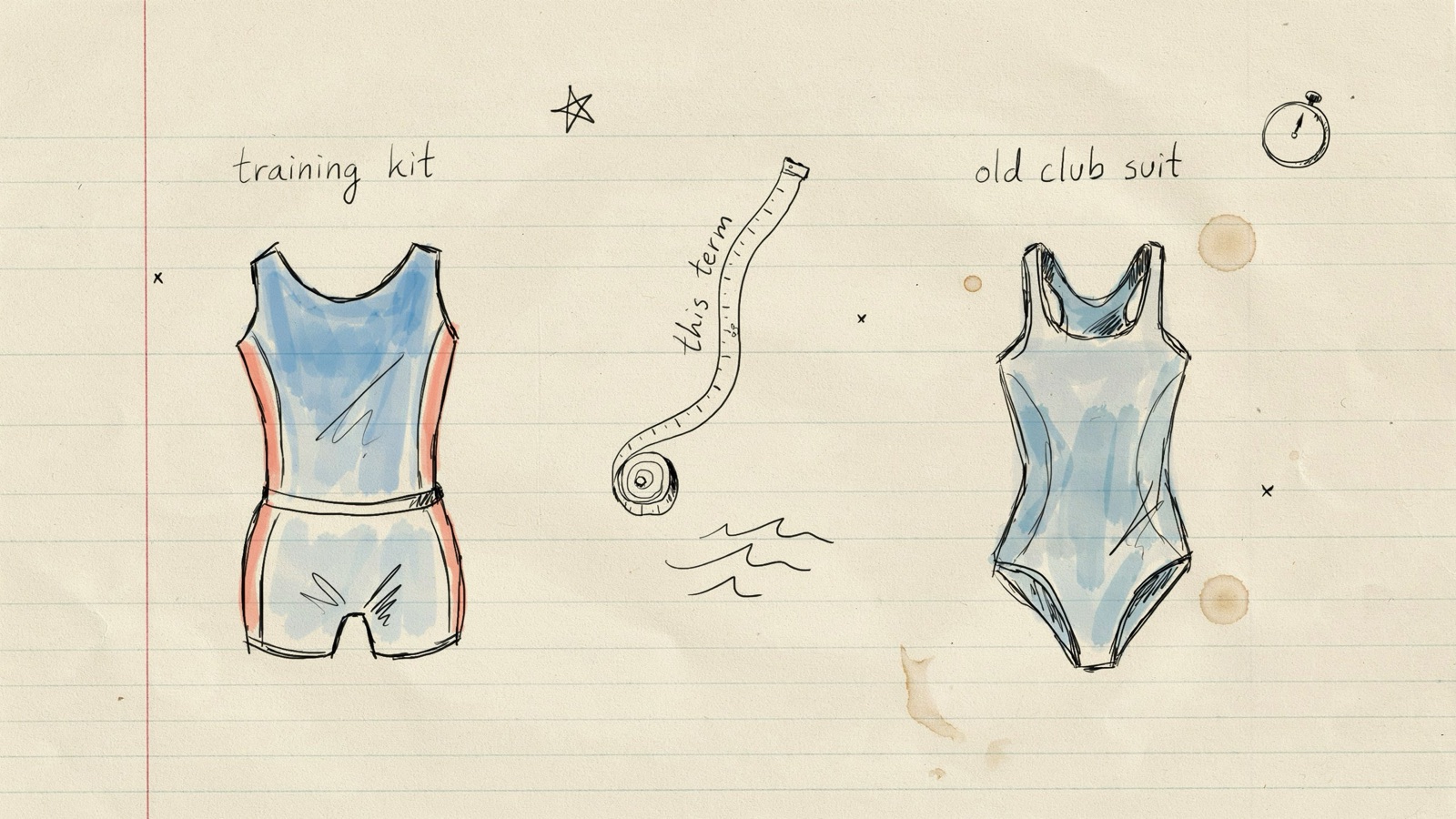Hand-drawn notebook sketch of a child's training jammer and a faded club one-piece beside a tape measure marked this term, no brand logos
