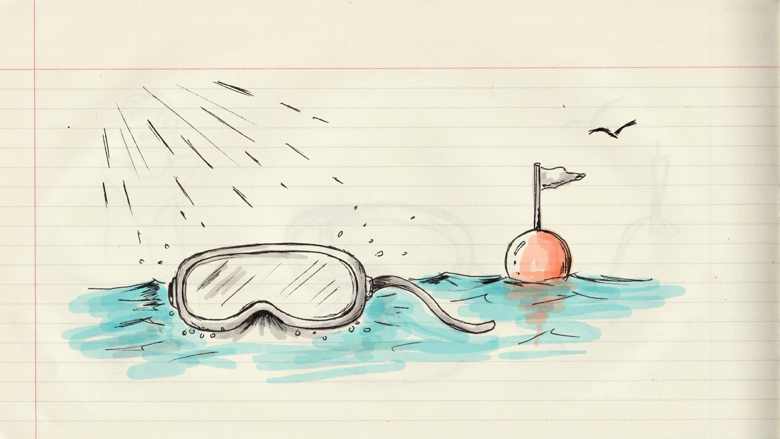 Hand-drawn notebook sketch of wide open-water goggles in chop, a turning buoy, and sun glare, no brand marks