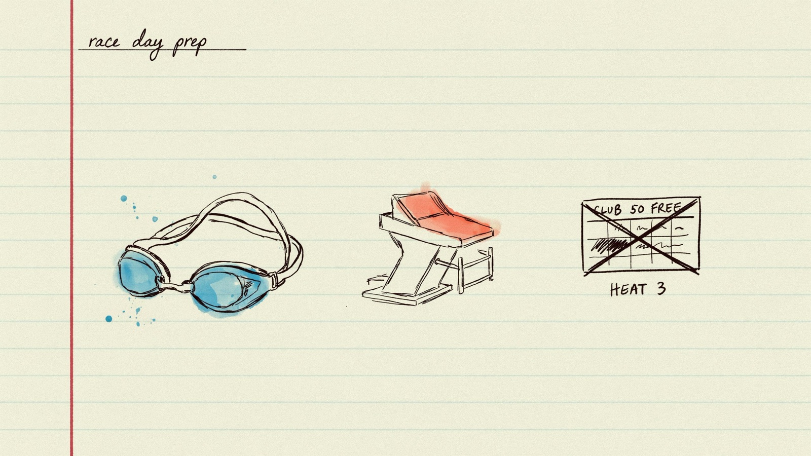 Hand-drawn notebook sketch of low-profile race goggles on a start block beside a crossed-out club 50 free, no logos