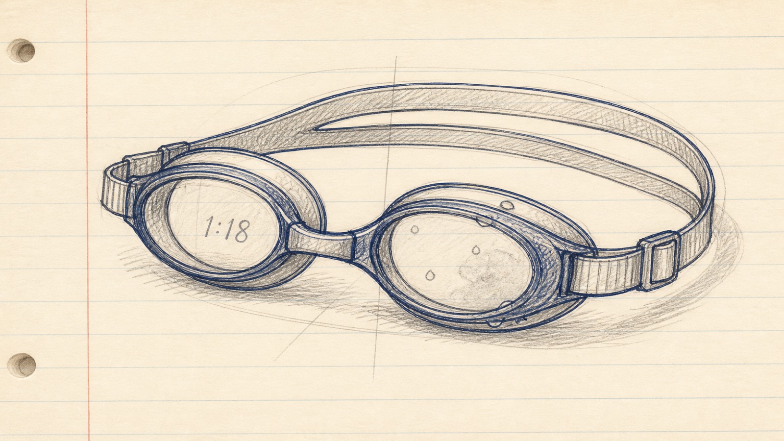 Hand-drawn notebook sketch of goggles with a tiny in-lens split number, no brand marks