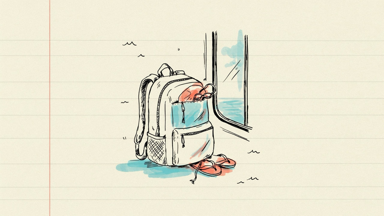 Hand-drawn notebook sketch of a swim backpack with a wet pocket and a shoe pocket beside a bus window, no brand logos