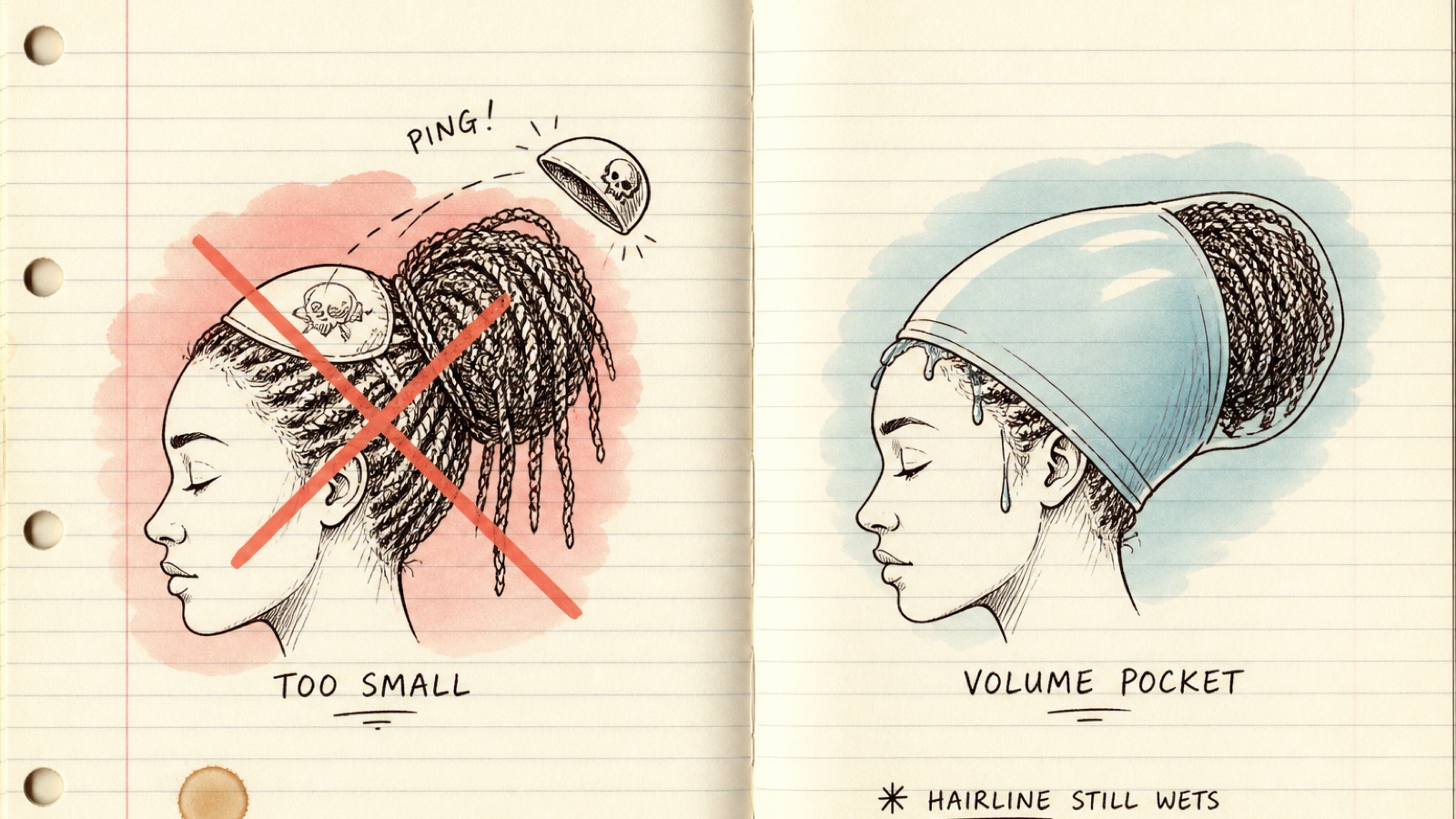 Hand-drawn notebook sketch of a too-small cap pinging off a braid bun beside a larger volume-pocket cap with a wet hairline, no brand logos
