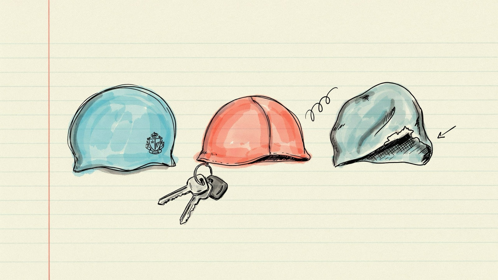 Hand-drawn notebook sketch of a club-colour cap, a smooth racing cap, and a ripped latex cap beside car keys, no brand logos
