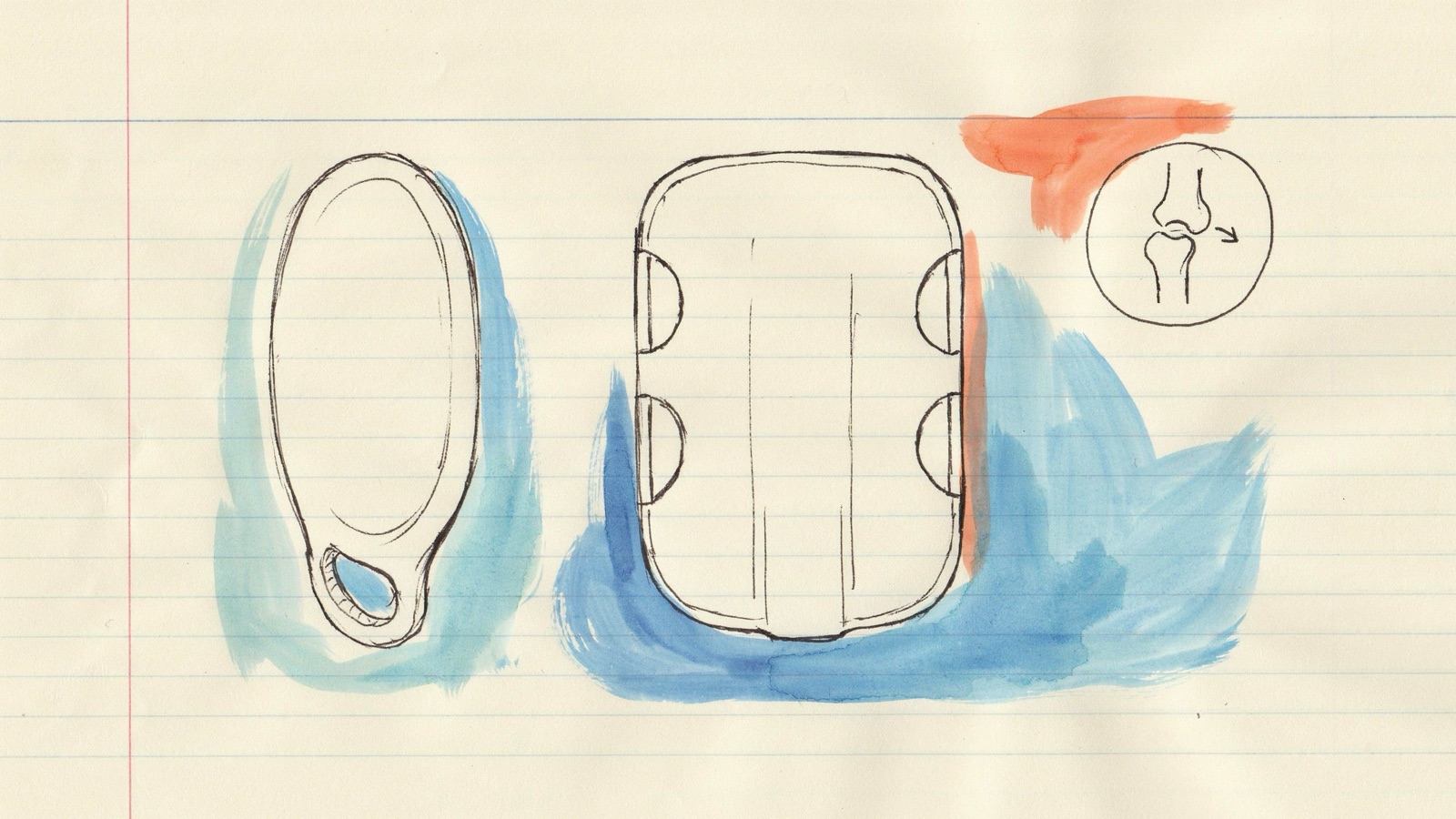 Hand-drawn notebook sketch of a hand-sized paddle beside an oversized plate paddle and a circled shoulder, no brand logos