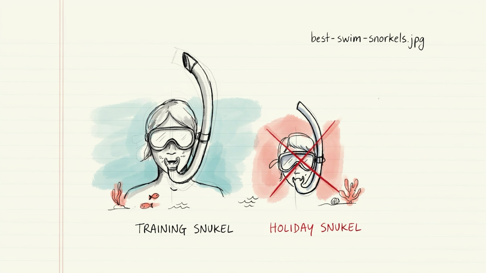 Hand-drawn notebook sketch of a centre-mount training snorkel on a forehead beside a crossed-out holiday side-snorkel, no brand logos