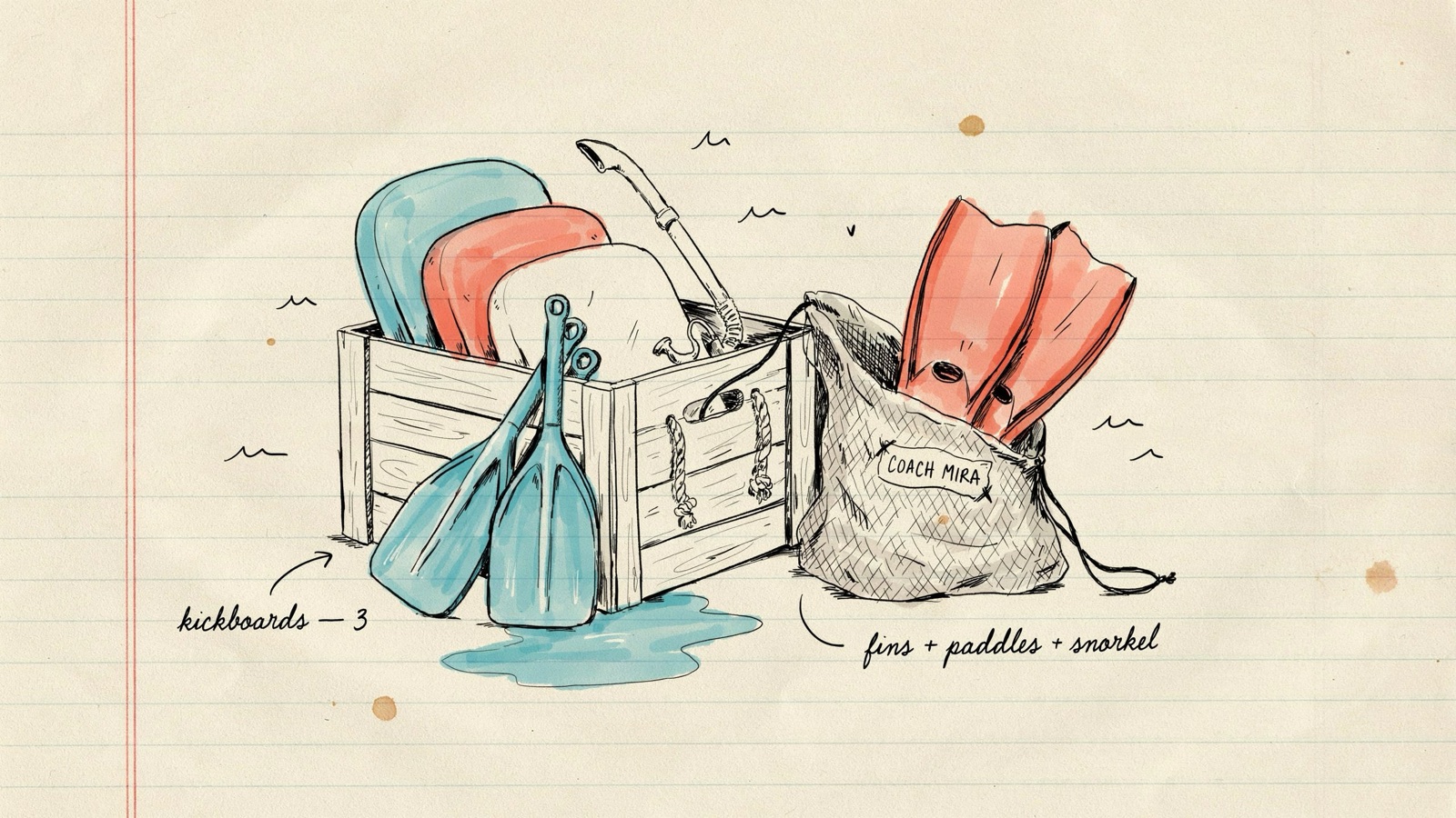 Hand-drawn notebook sketch of a coach crate of kickboards beside a named mesh bag of fins, paddles and a snorkel, no brand logos