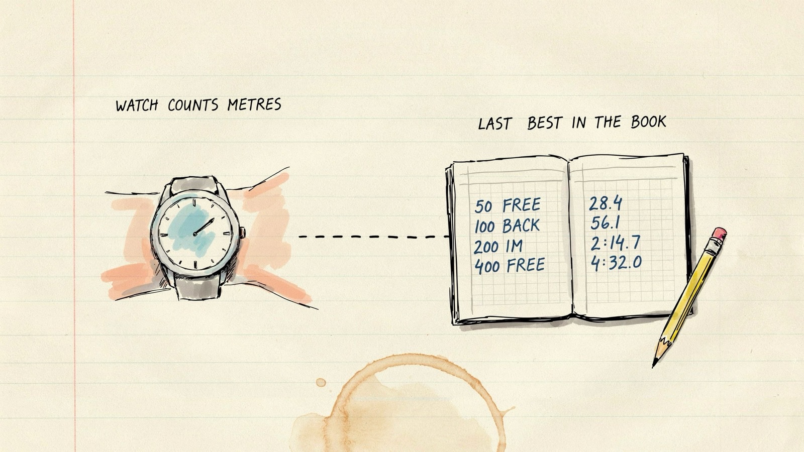 Hand-drawn notebook sketch of a wrist watch counting metres beside a logbook of last best times, no brand logos