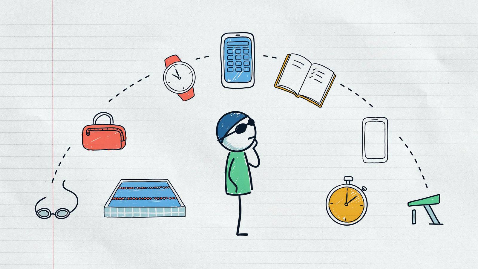 Hand-drawn notebook sketch of a swimmer comparing a watch, a blank phone and an open logbook as simple icons, no brand marks