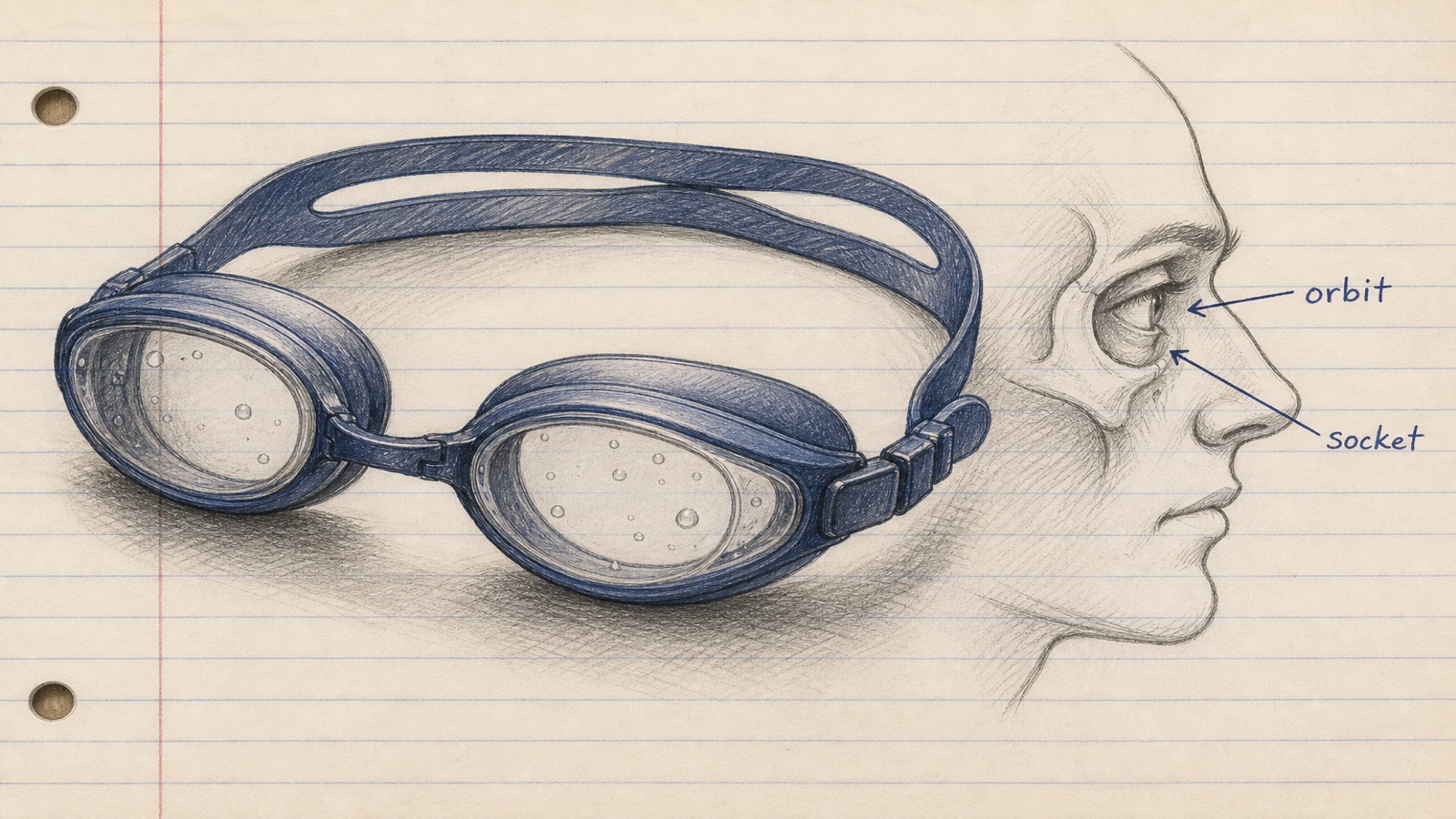 Hand-drawn notebook sketch of training goggles beside an orbit versus socket eye diagram, no brand logos