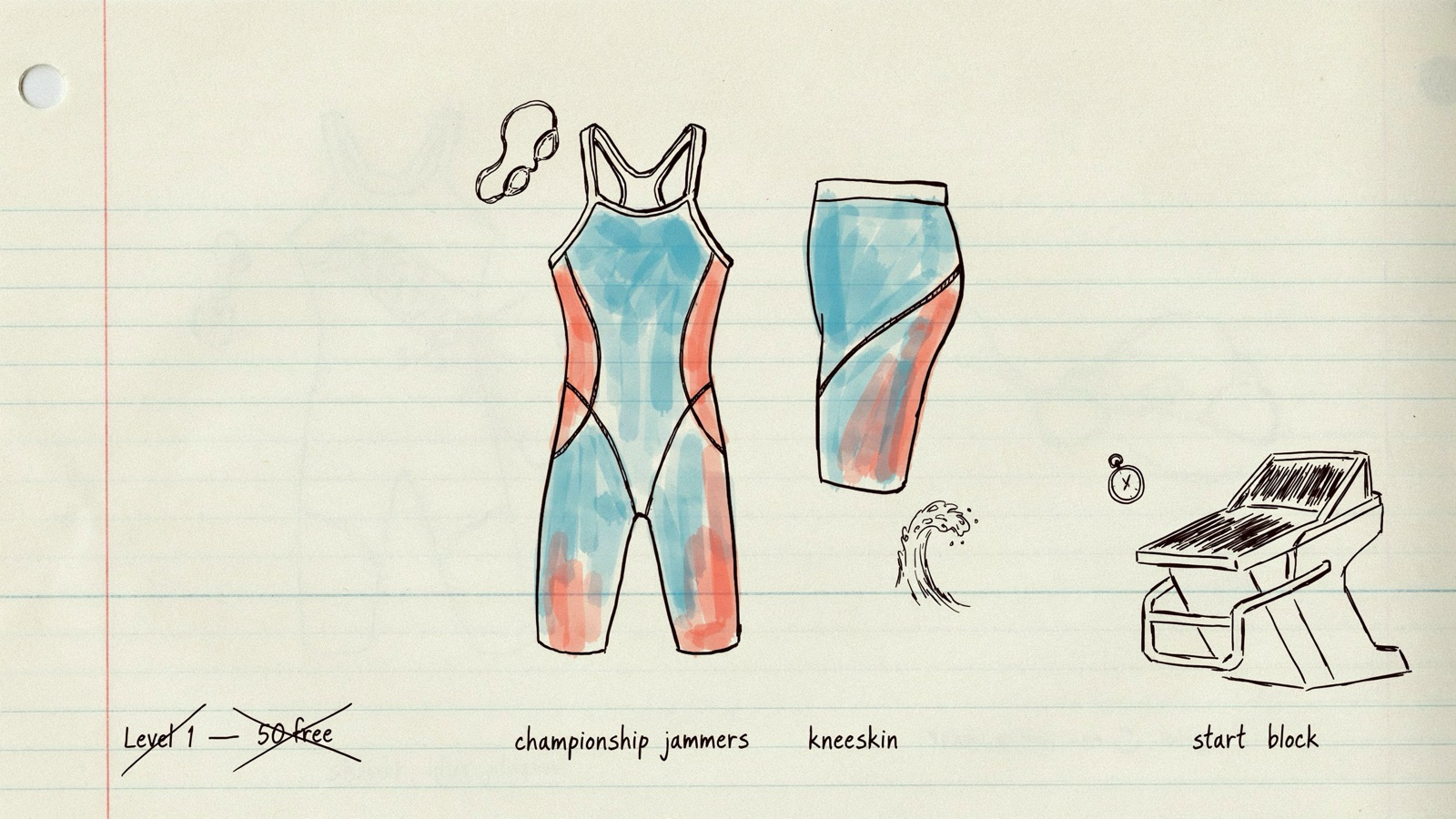 Hand-drawn notebook sketch of championship jammers and kneeskins on a start block beside a crossed-out Level 1 50 free, no logos
