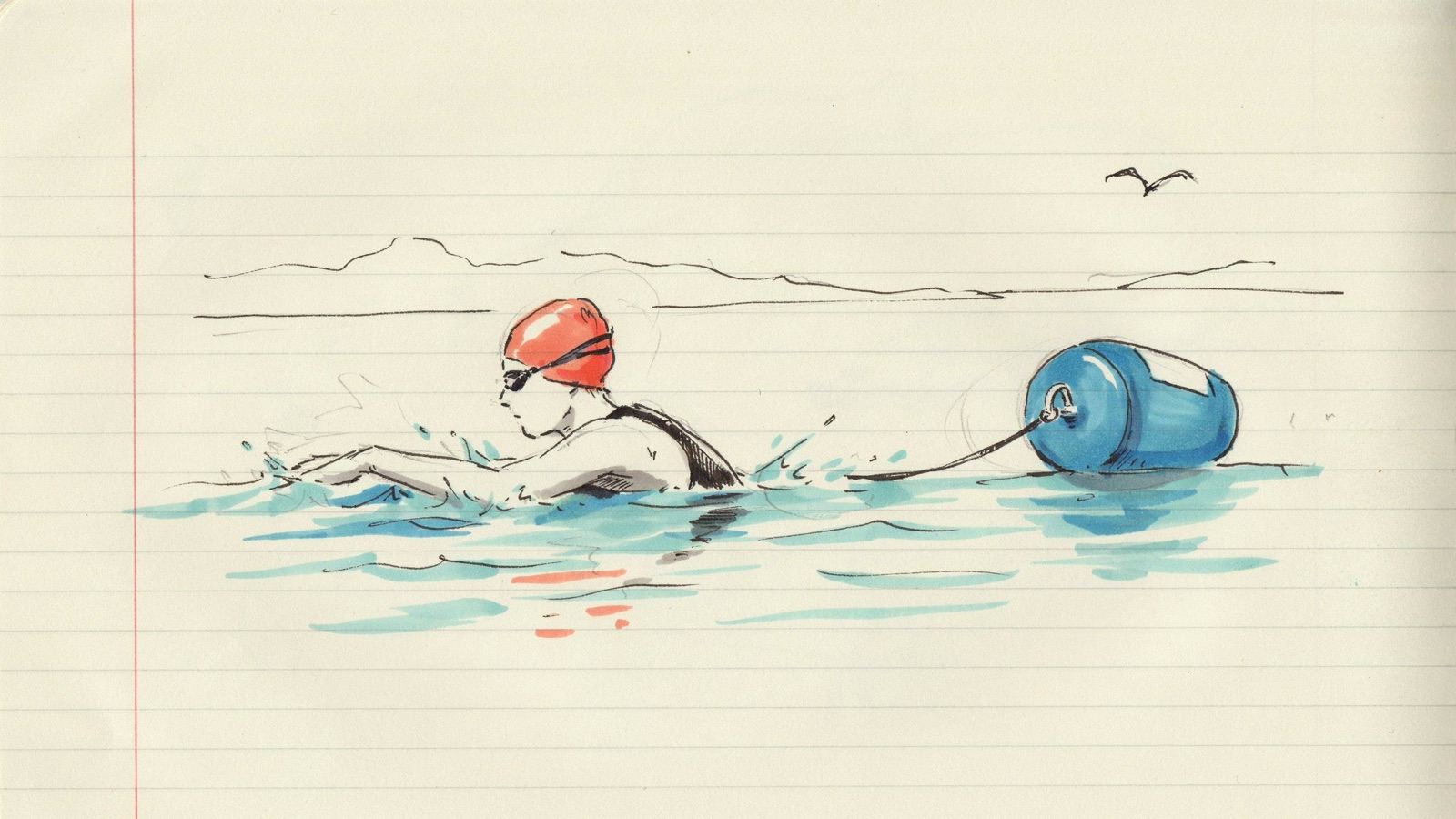 Hand-drawn notebook sketch of a bright swim cap and a high-vis tow float behind a swimmer, no brand marks