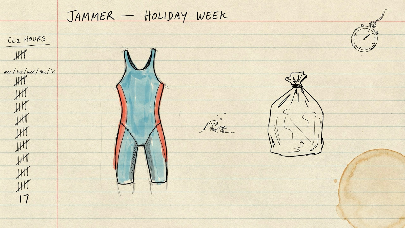 Hand-drawn notebook sketch of a training jammer beside bagged-out holiday trunks and a chlorine-hours tally, no brand logos