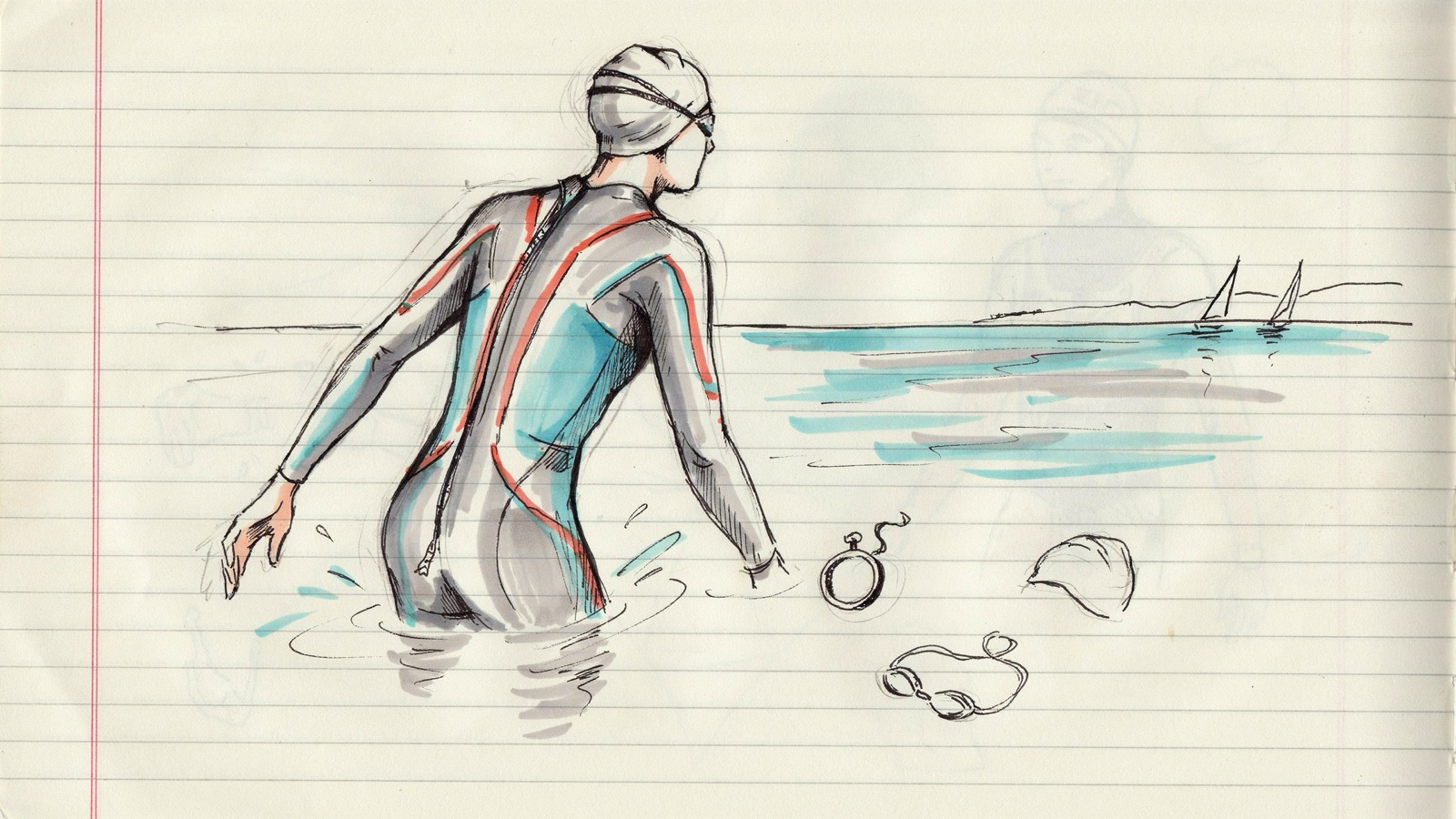 Hand-drawn notebook sketch of a triathlon wetsuit on a lake start, hips lifted, shoulders free, no brand marks