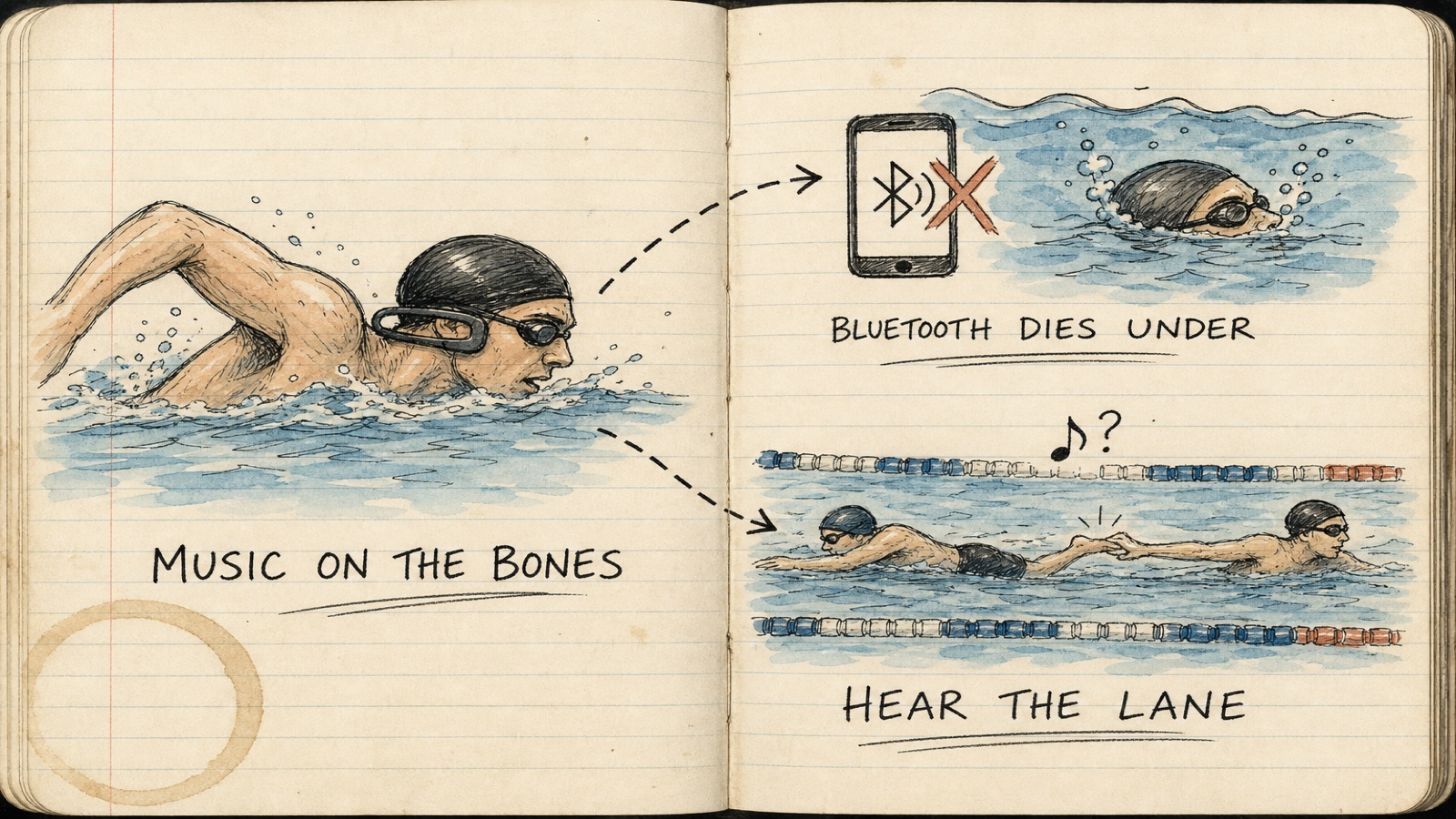 Hand-drawn notebook sketch of a bone-conduction band on a swimmer, Bluetooth crossed out underwater, and a lane-mate tapping a foot