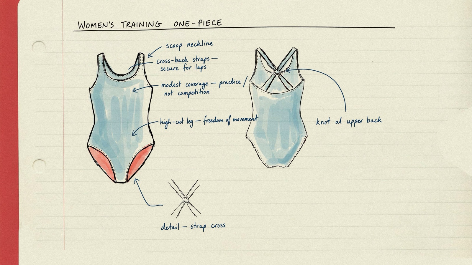 Hand-drawn notebook sketch of a women's practice one-piece with cross-back straps and coverage notes, no brand logos