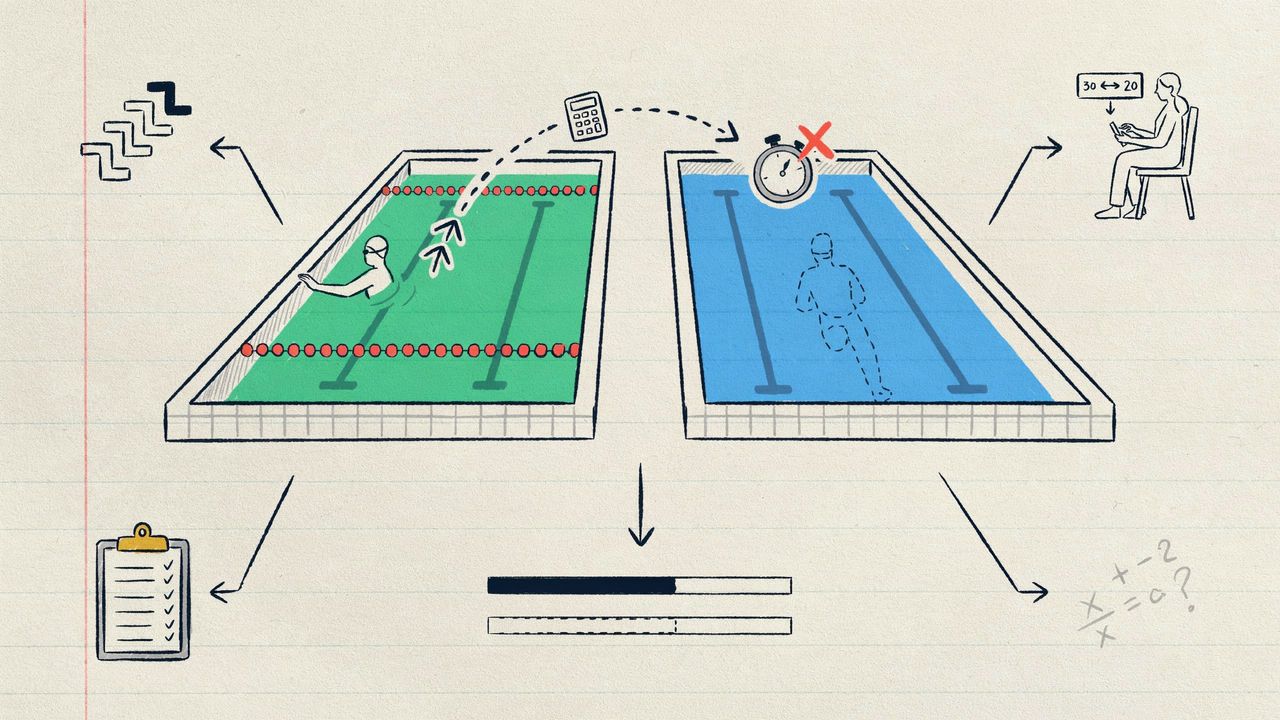 Hand-drawn notebook sketch of a short 25m pool converting to a dashed long-course estimate nobody swam