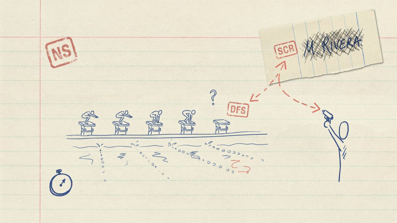 Hand-drawn notebook sketch of an empty lane, a scratched name, and NS SCR DFS stamps