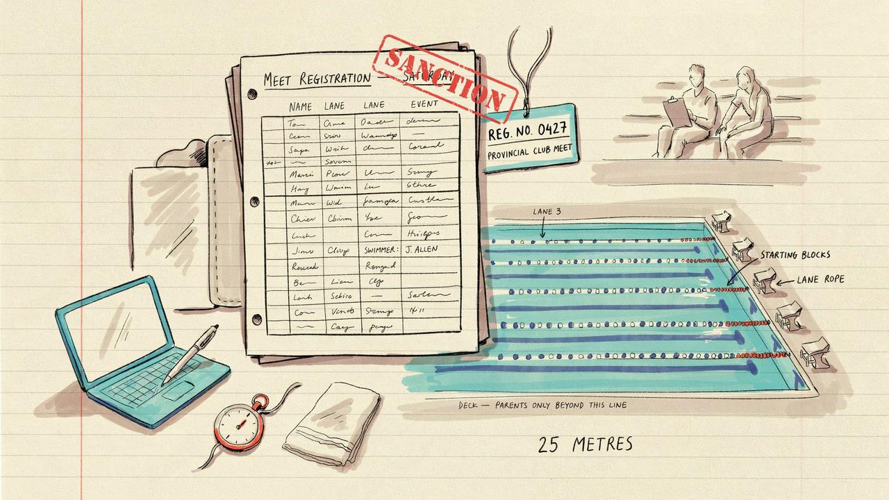 Hand-drawn notebook sketch of a Canadian sanctioned meet package, a registration number, and a metre pool