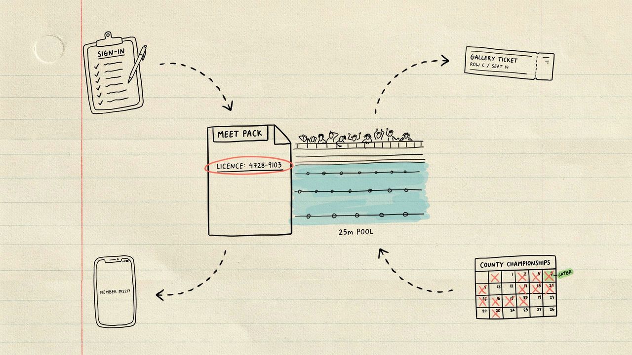 Hand-drawn notebook sketch of an English Level 4 meet pack, sign-in sheet, and parents in the gallery