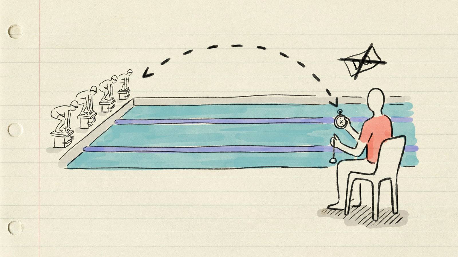 Hand-drawn notebook sketch of a parent timekeeper with a stopwatch, not calling a DQ