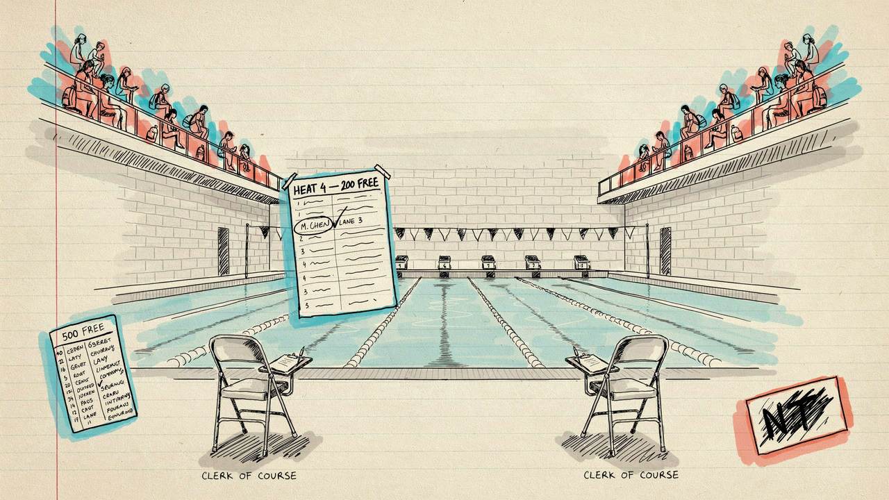 Hand-drawn notebook sketch of USA Swimming positive check-in, a yards pool, and parents in the stands