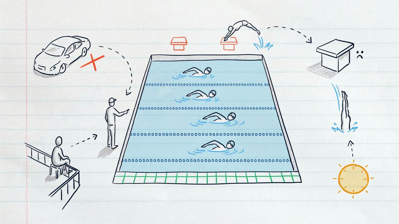 Hand-drawn notebook sketch of a club warm-up with assigned lanes and a dive sprint