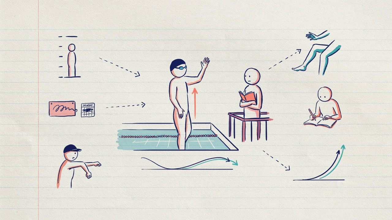 Hand-drawn notebook sketch of a growing swimmer in a pool, a calm parent on the balcony, height marks, and a wobbling time line