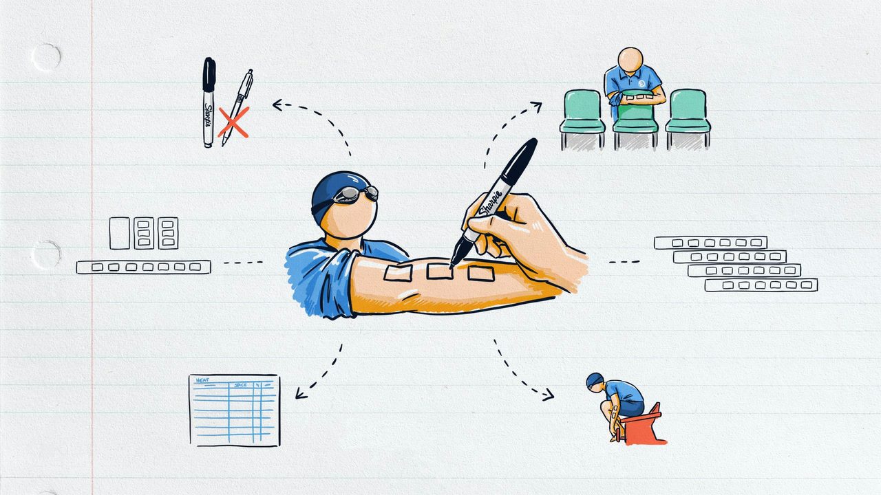Hand-drawn notebook sketch of a parent marking event, heat and lane boxes on a swimmer's forearm with a Sharpie, marshalling chairs and heat sheet around them