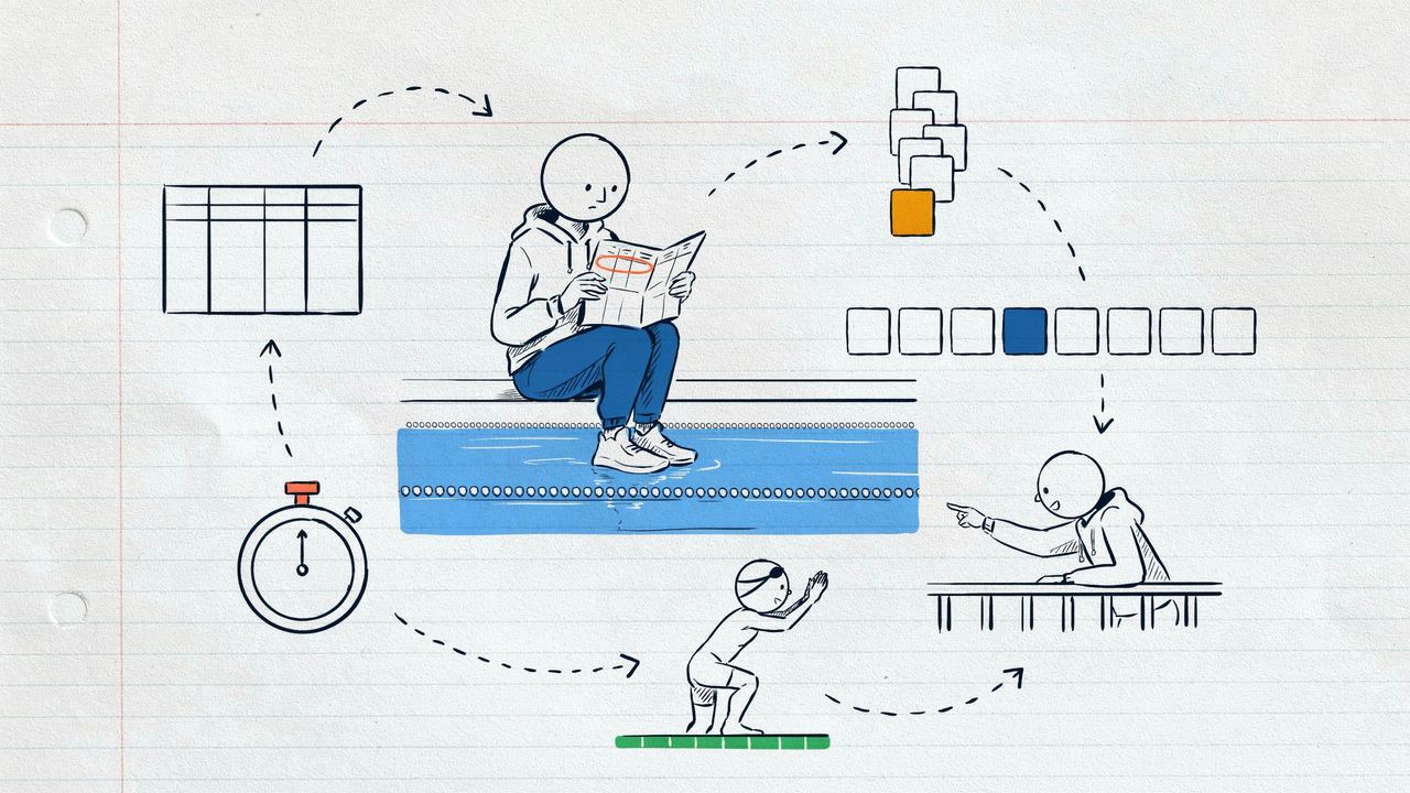 Hand-drawn notebook sketch of a parent on a pool balcony reading a paper heat sheet, with event, heat, lane, seed-time stopwatch and starting block around them