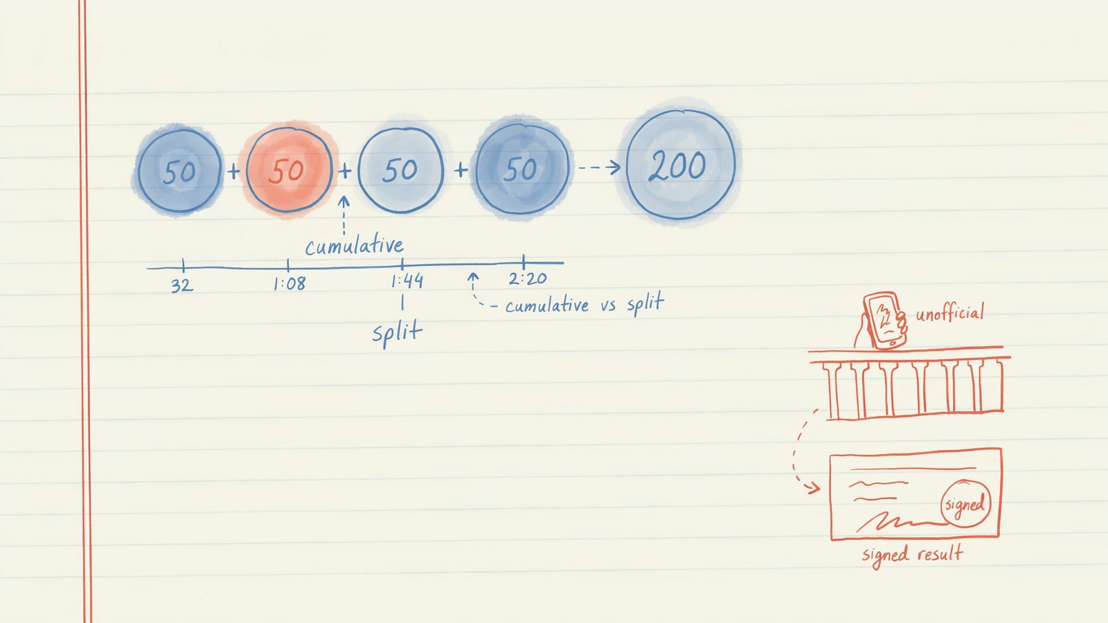 Hand-drawn notebook sketch of a row of 50-metre splits versus a cumulative clock