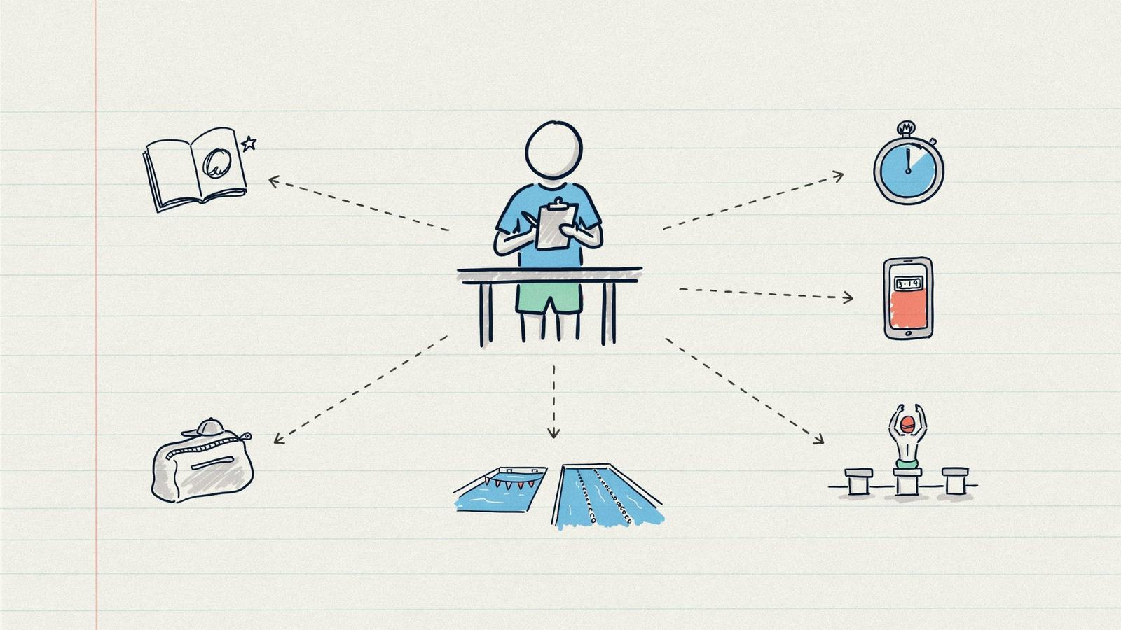 Hand-drawn notebook sketch of a parent writing times, with notebook, stopwatch, phone, pool and kit bag around them