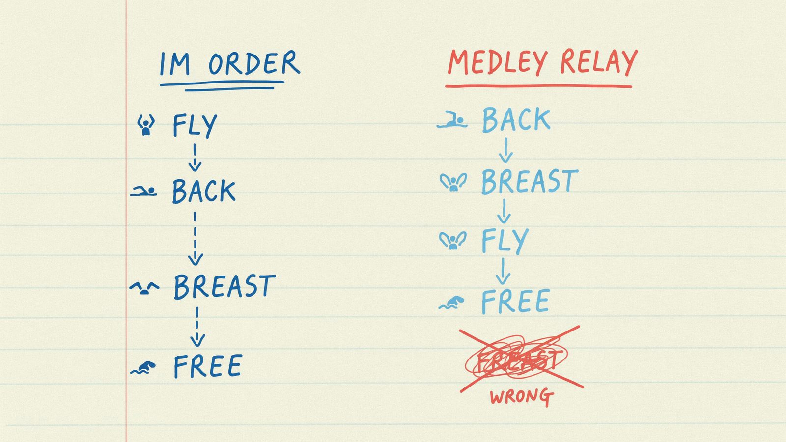 Hand-drawn notebook sketch of IM fly-back-breast-free beside medley relay back-breast-fly-free