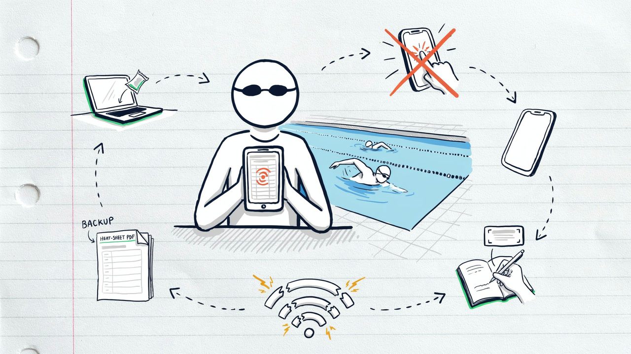 Hand-drawn notebook sketch of a parent on a pool balcony holding a phone, waiting for results without panic-refreshing, with a host laptop and paper heat sheet around them