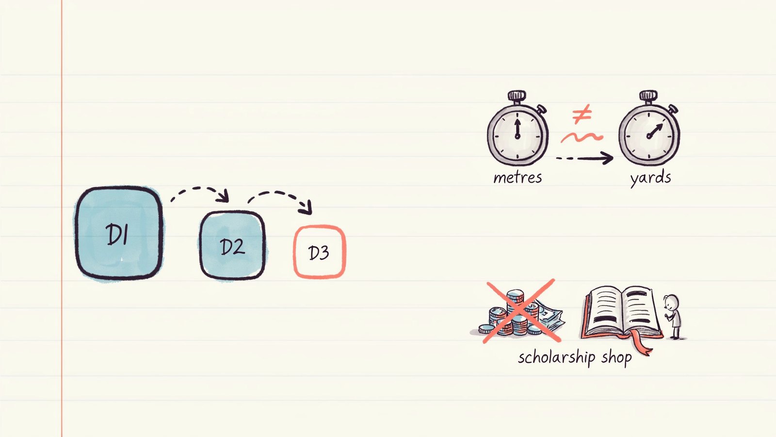 Hand-drawn notebook sketch of D1 D2 D3 boxes beside metres and yards clocks
