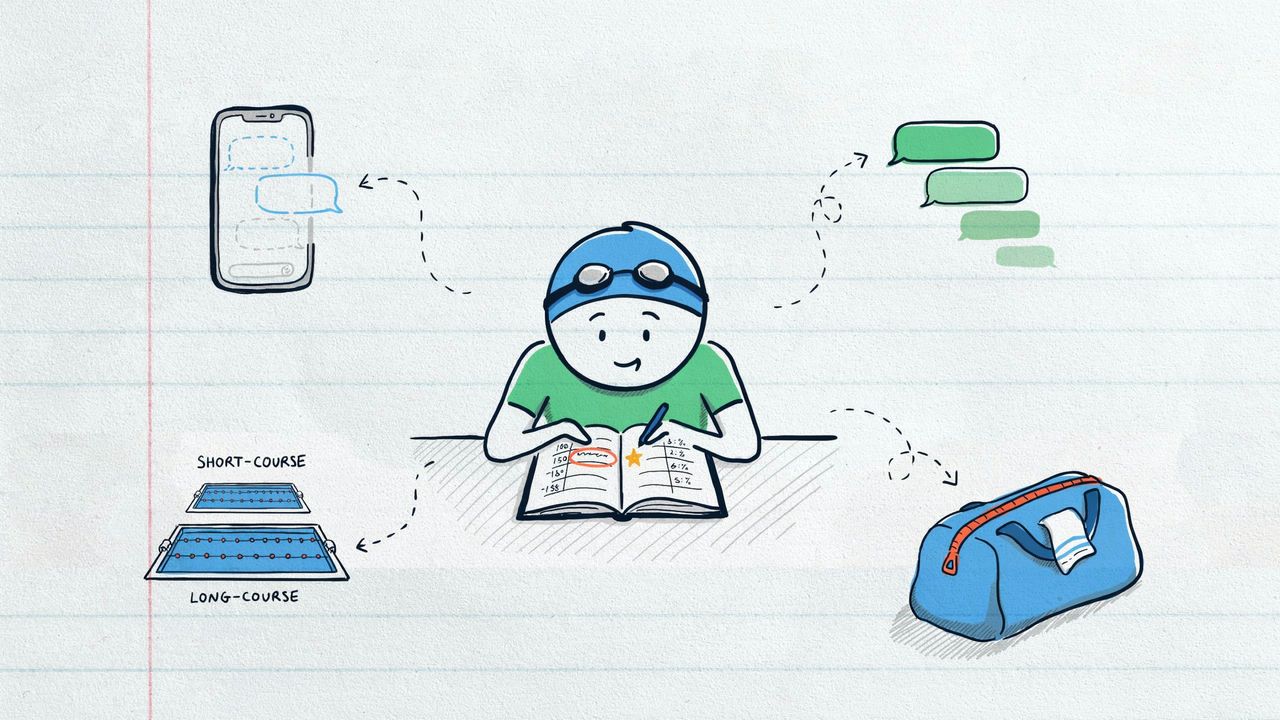 Hand-drawn notebook sketch of a parent keeping a lasting PB list, with a fading screenshot and two pool lengths