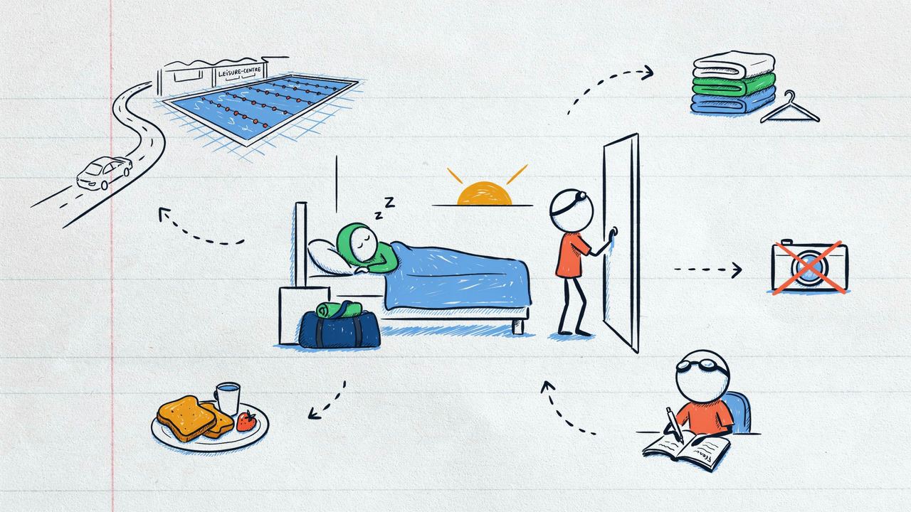 Hand-drawn notebook sketch of a hotel wake-up, extra dry kit, and logging times after an away gala