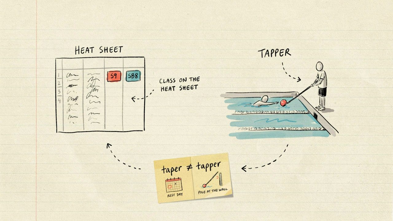 Hand-drawn notebook sketch of S9 SB8 on a heat sheet and a tapper at the wall