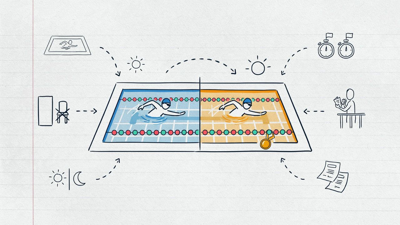 Hand-drawn notebook sketch of a morning heat beside an evening final, two stopwatches equally real, with a parent staying through the day