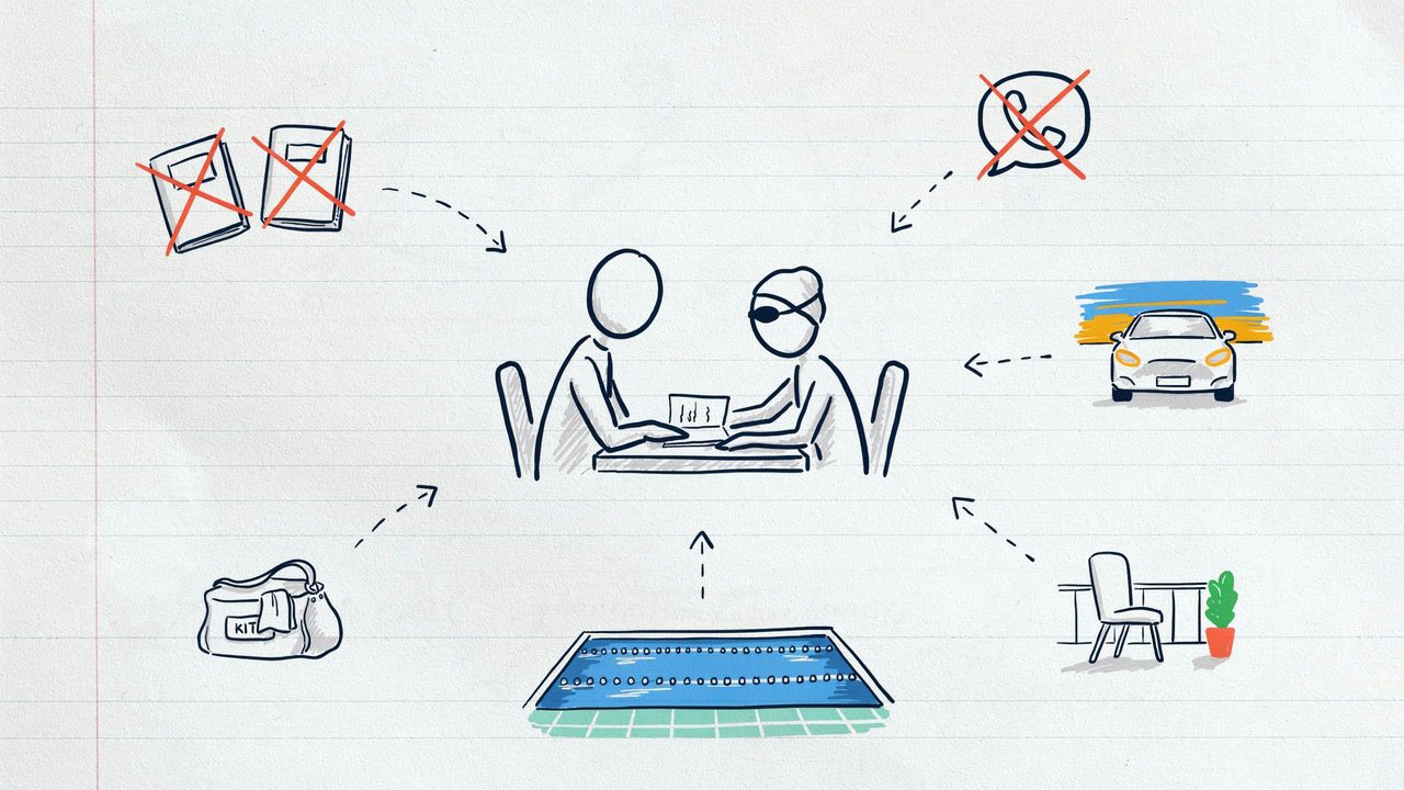 Hand-drawn notebook sketch of a parent and swimmer sharing one open log, with two crossed-out notebooks, a crossed-out chat phone, car and pool