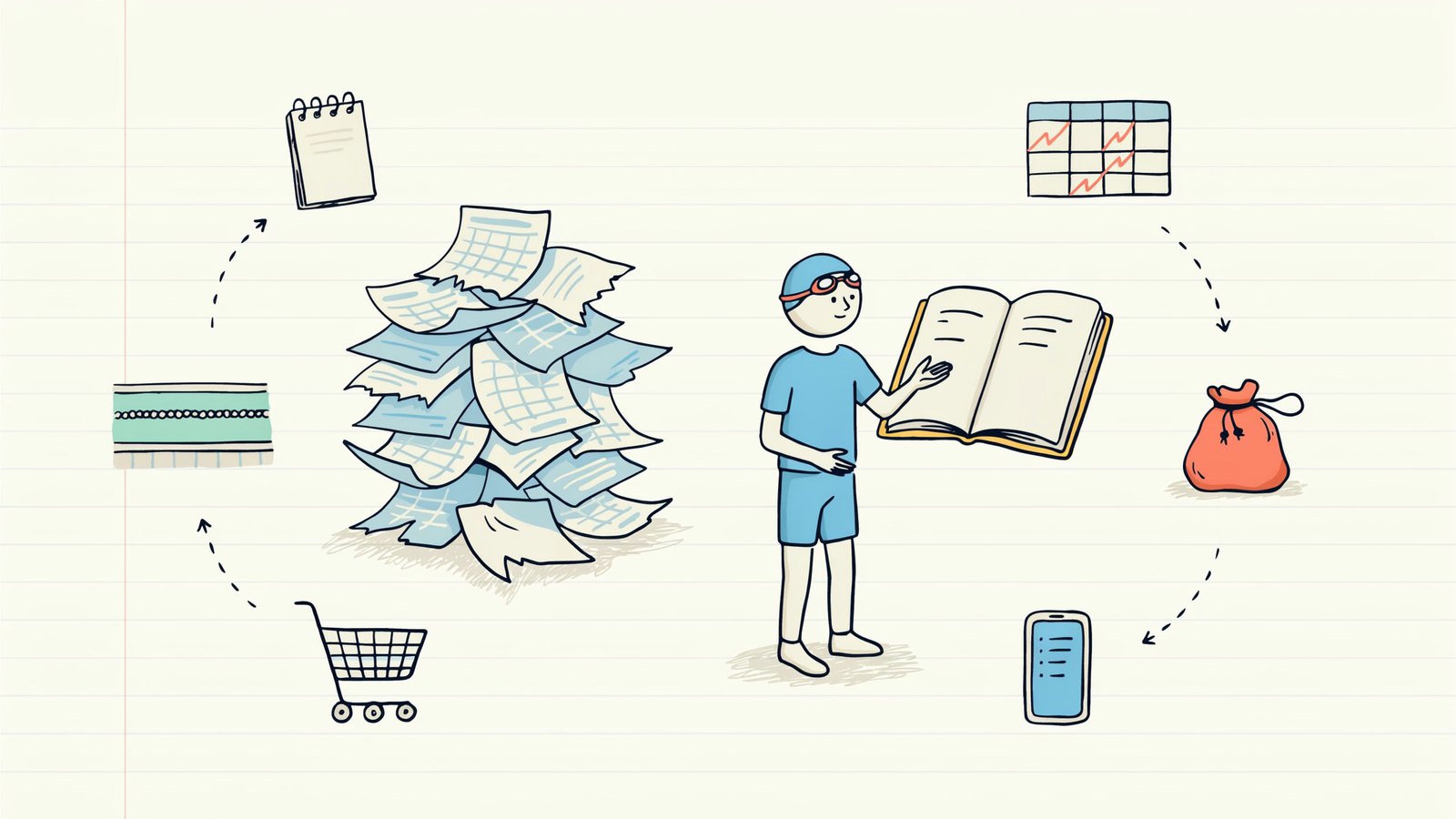 Hand-drawn notebook sketch of messy stacked sheets versus one clean logbook, with phone list, grid, kit bag and shopping trolley around them