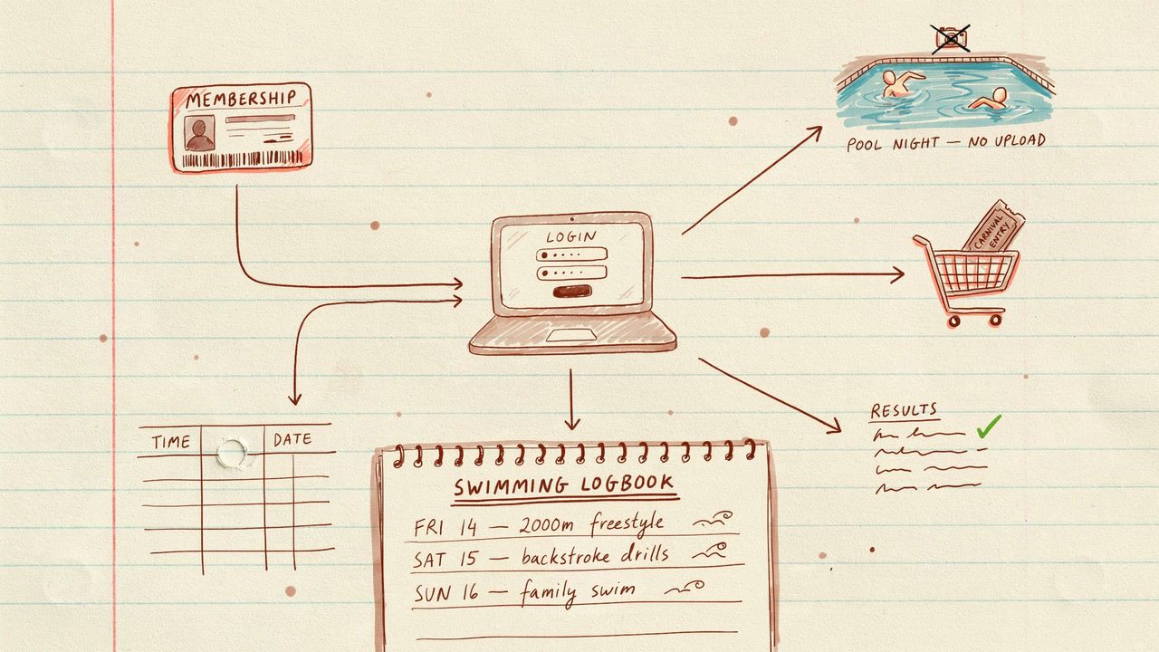 Hand-drawn notebook sketch of one Swim Central login for membership, entries, and results, with a missing time