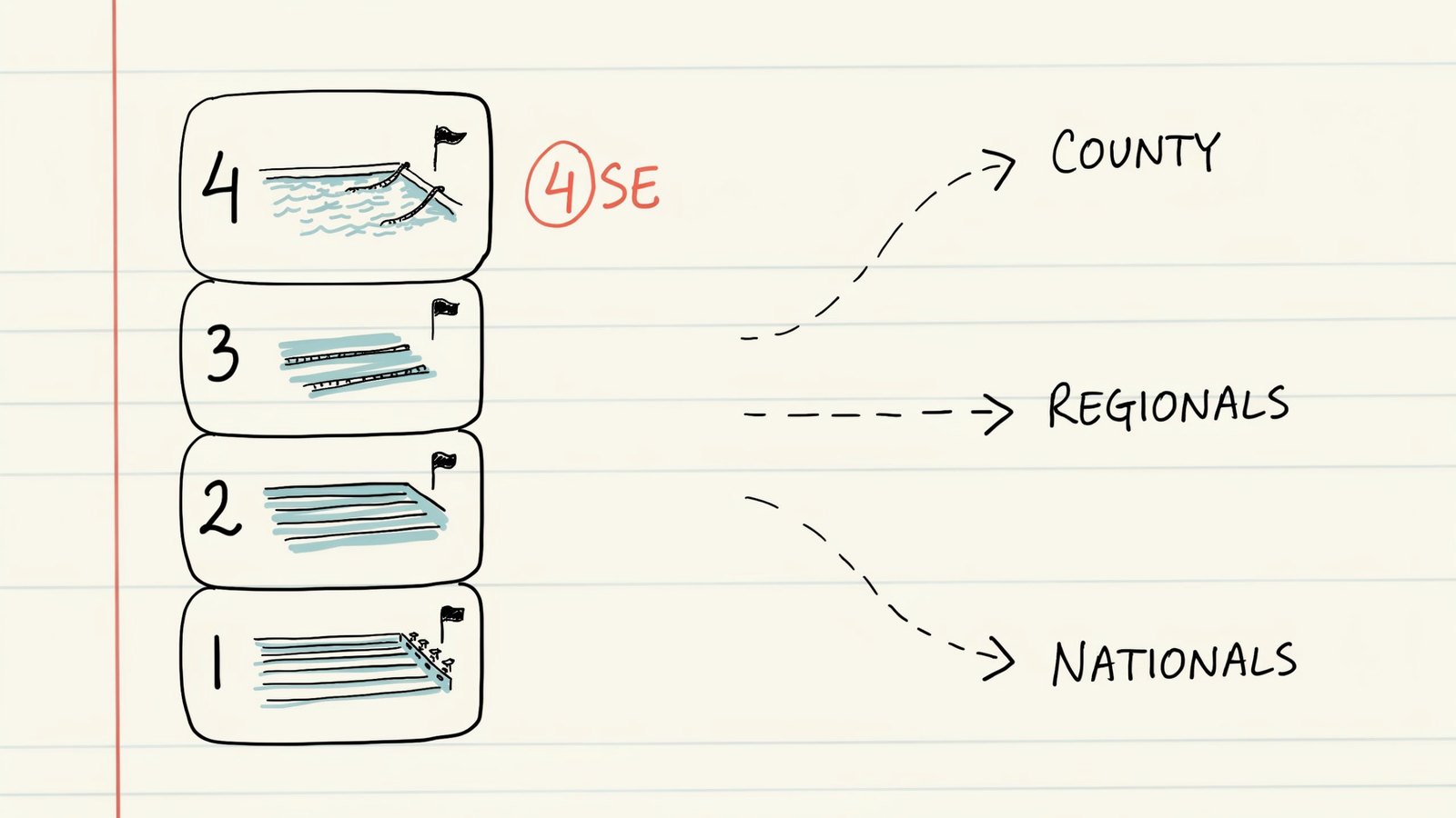 Hand-drawn notebook sketch of Swim England licence levels 4 to 1 as a ladder, the leading 4 circled