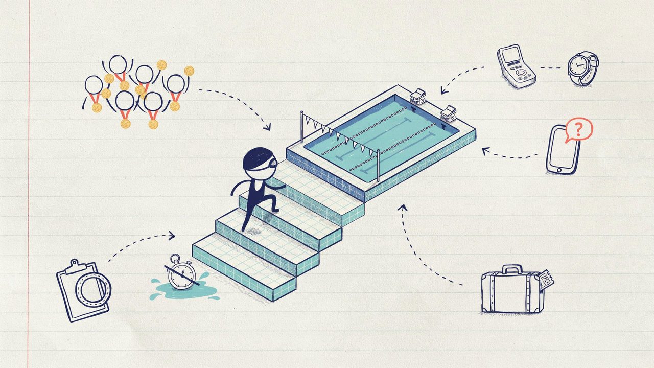 Hand-drawn notebook sketch of Swim Ireland gala levels as a five-step staircase