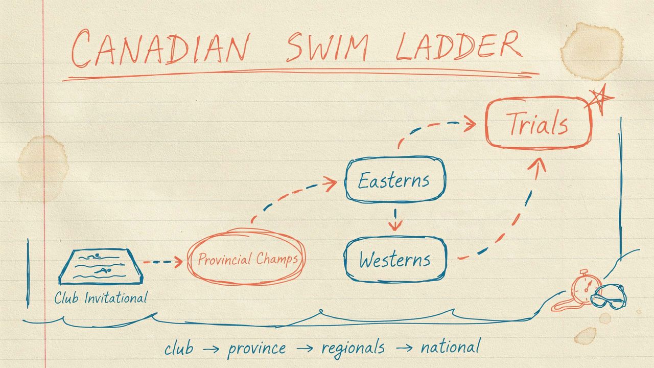 Hand-drawn notebook sketch of the Canadian swimming pathway from club to provincials to Easterns or Westerns to Trials