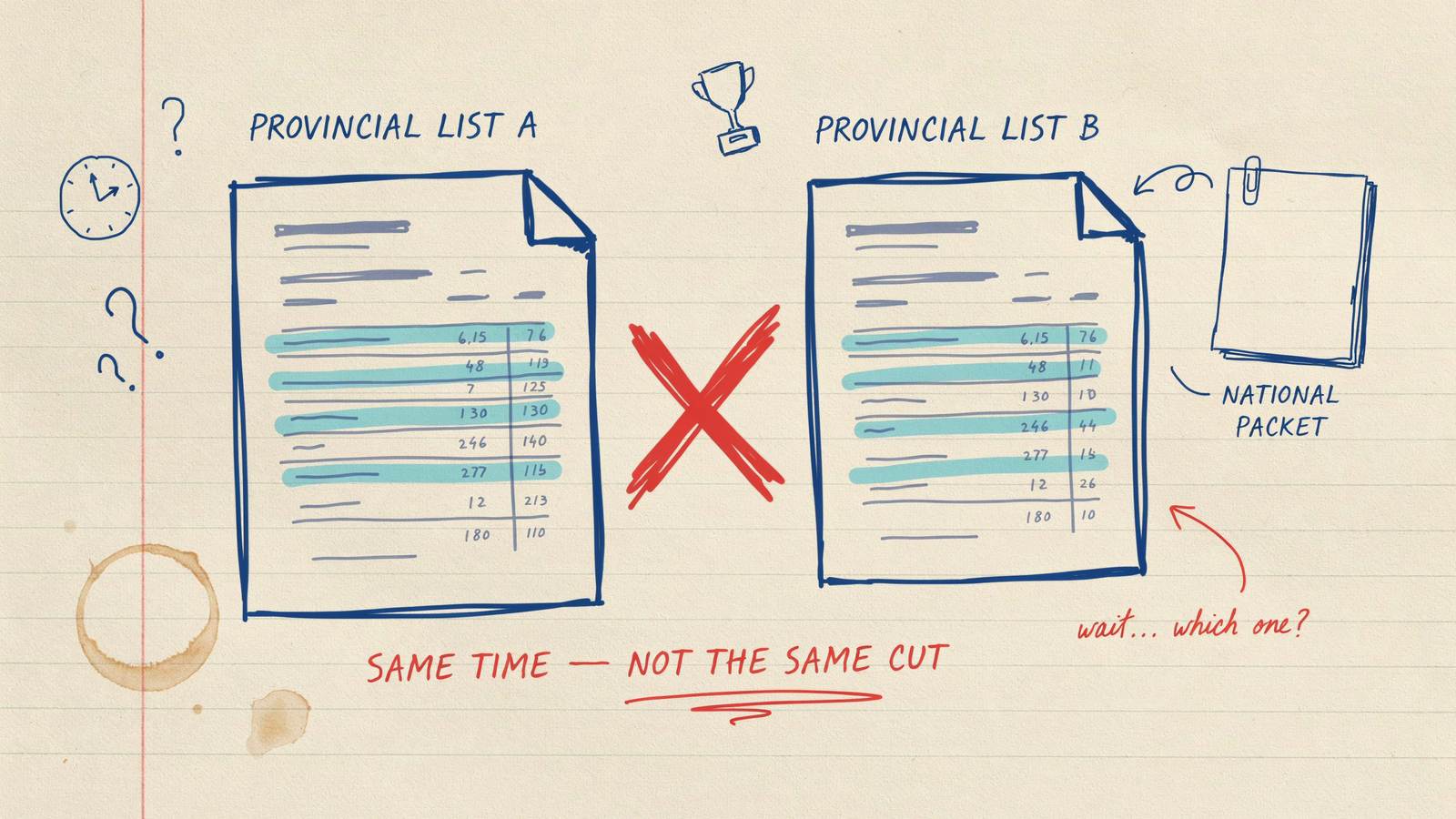 Hand-drawn notebook sketch of two different provincial cuts PDFs that do not match