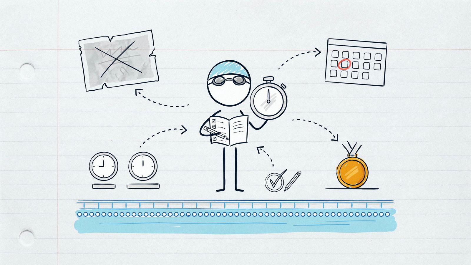 Hand-drawn notebook sketch of a swimmer holding a stopwatch and logbook, with calendar, clocks, medal and a discarded poster around them