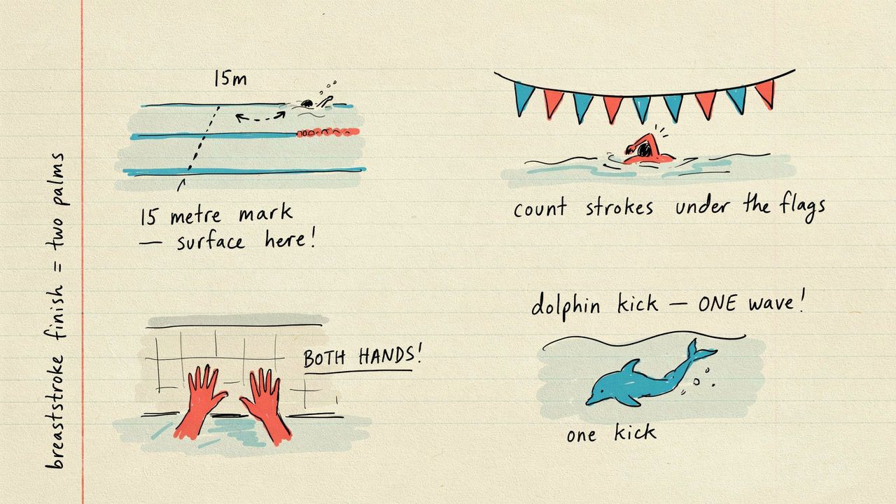 Hand-drawn notebook sketch of the 15-metre mark, backstroke flags, two-hand touch, and one dolphin kick